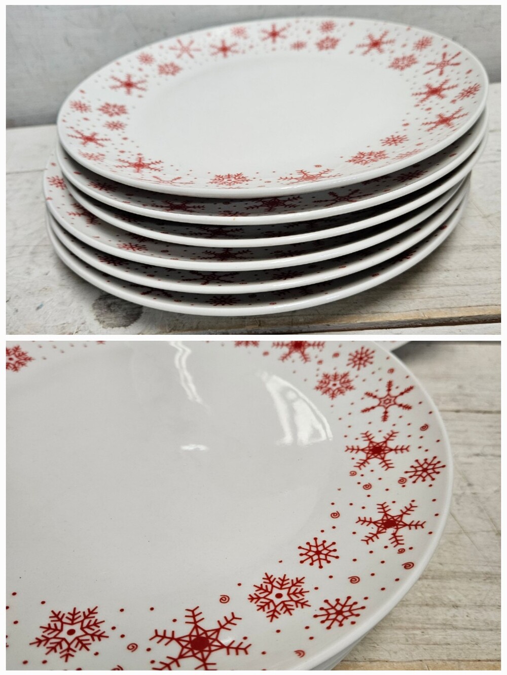 6 ROYAL NORFOLK Red & White 10.5" Snowflake Design Dinner Plates Christmas Decor